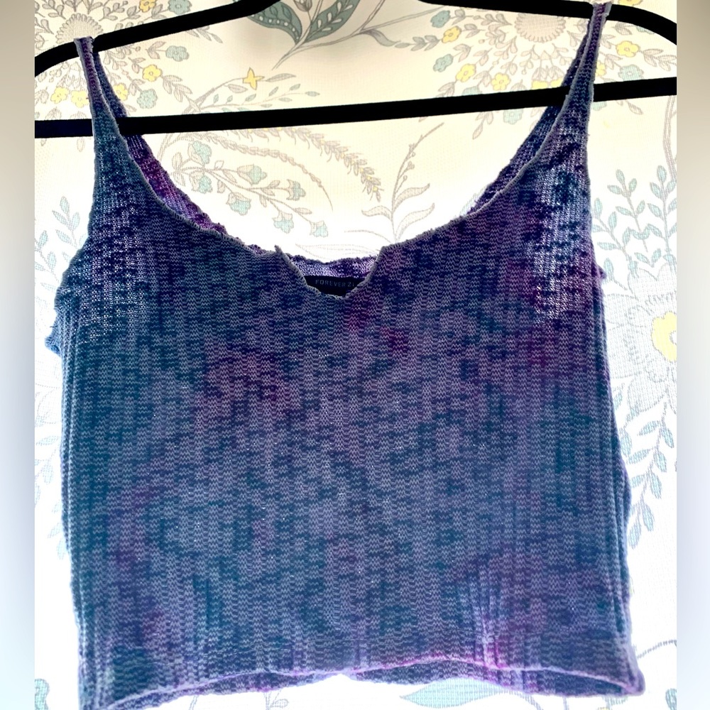 Blue and purple, upcycled, hand tie dyed knit crop tank